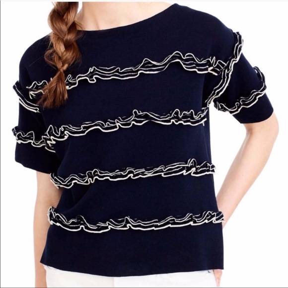 J. Crew Tops - J.Crew Boatneck Ruffle Navy Sweater Sz Small